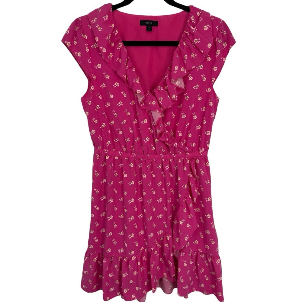 J Crew Faux Wrap Mini Dress Pink Floral Ruffle Cap Sleeves 6 Wedding Guest Party